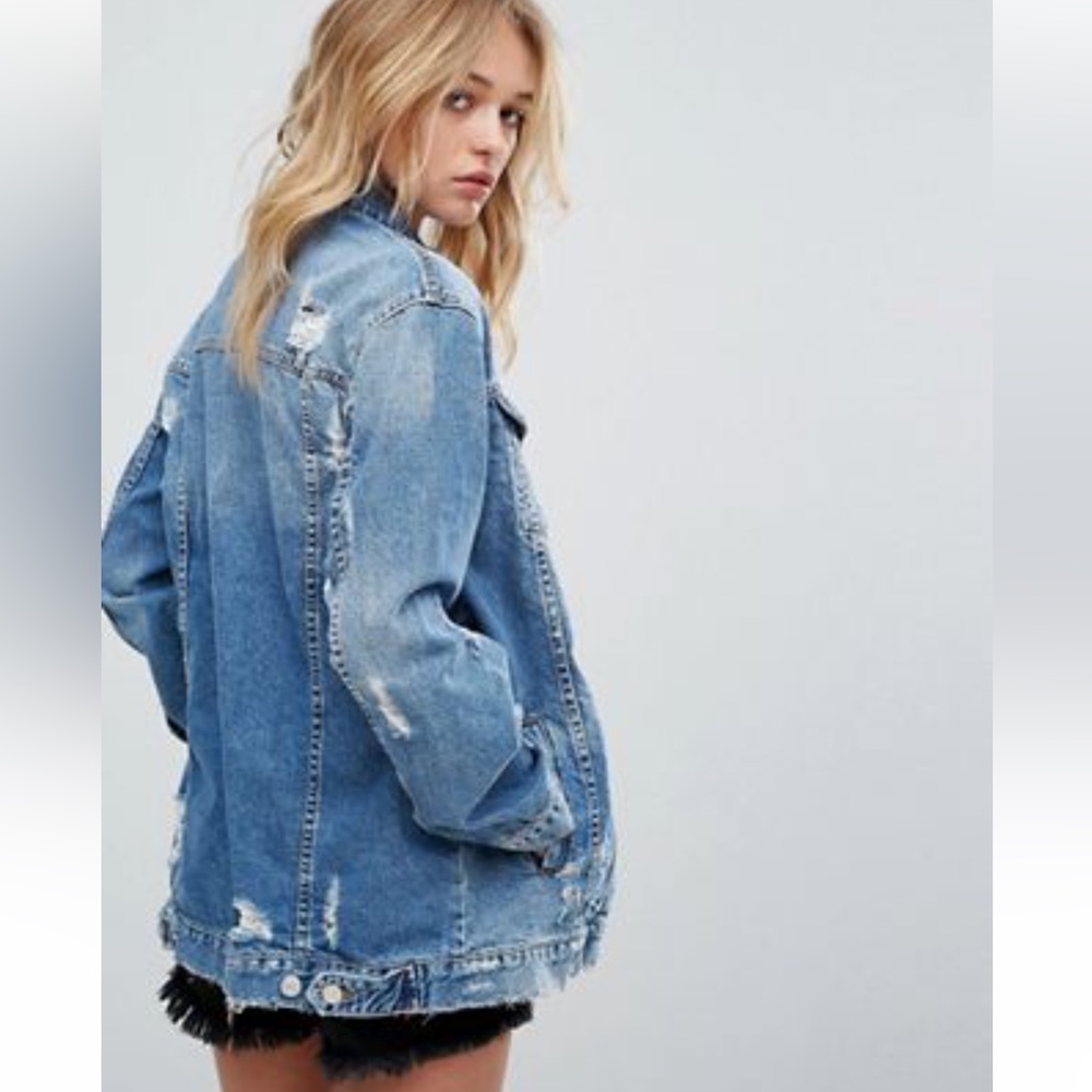 PULL & BEAR Longline Denim Jacket distressed